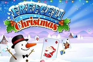 Bałwanek w kapeluszu, karty do gry z motywem świątecznym i napis Christmas na tle zimowego krajobrazu