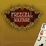Stara karta z napisem Freecell Solitaire z ozdobnym złotym ornamentem i cztery karty do gry: król pik, dama trefl, piątka kier i czwórka karo na złotym tle