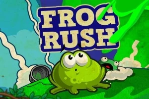 Zielona żaba z dużymi oczami siedzi na trawie przed napisem Frog Rush, z drugim mniejszym stworzeniem i rurą w tle