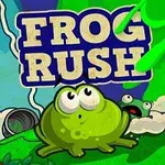 Zielona żaba z dużymi oczami siedzi na trawie przed napisem Frog Rush, z drugim mniejszym stworzeniem i rurą w tle