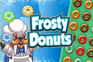 Kreskówkowy mors w stroju szefa kuchni trzymający kolorowe pączki z napisem Frosty Donuts na tle zimowego motywu, obok plansza z kolorowymi pączkami
