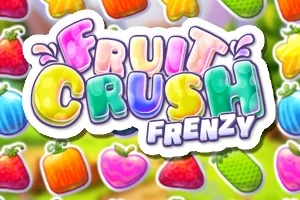 Kolorowy napis Fruit Crush Frenzy otoczony obrazkami różnych owoców na jasnym tle