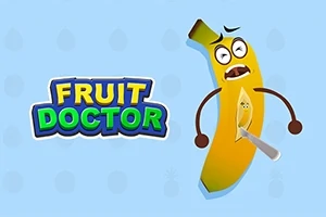 Humorystyczny banan z wyrazem twarzy przedstawiającym zaskoczenie, z wbitym nożem i napisem FRUIT DOCTOR obok, na niebieskim tle