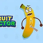 Humorystyczny banan z wyrazem twarzy przedstawiającym zaskoczenie, z wbitym nożem i napisem FRUIT DOCTOR obok, na niebieskim tle