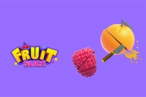 Napis Fruit Slice obok przeciętej maliny i pomarańczy z nożem na fioletowym tle