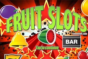 Napis FRUIT SLOTS w zielonym kolorze otoczony symbolami owoców, dzwonka i znaku BAR na tle czerwonych gwiazd