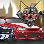 Dwa sportowe samochody, niebieski z białymi pasami i czerwony, na tle miasta z logotypem Fuel Rage