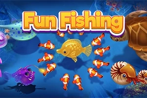 Fun Fishing Kolorowe ryby i stworzenia morskie na niebieskim tle z napisem Fun Fishing