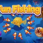 Fun Fishing Kolorowe ryby i stworzenia morskie na niebieskim tle z napisem Fun Fishing