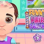 Smutny chłopiec z przerzedzonymi włosami na tle kolorowego salonu fryzjerskiego z napisem Funny Hair Salon