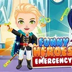 Dwoje kreskówkowych bohaterów w kolorowych strojach superbohaterów z napisem Funny Heroes Emergency
