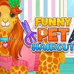 Giraffa w różowym swetrze z ozdobnym naszyjnikiem i zieloną kokardą obok białego kota z zielono-różową fryzurą oraz kolorowym napisem Funny Pet Haircut na tle w pastelowych paskach