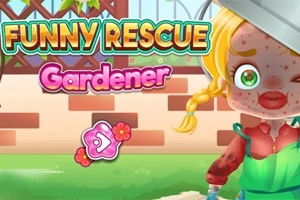 Blond dziewczynka w stroju ogrodniczki z plamkami na twarzy, z kolorowym napisem FUNNY RESCUE Gardener i kwiatowym przyciskiem na tle ogrodzenia z cegieł