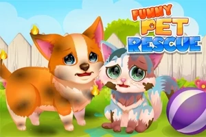Dwa smutne, zabrudzone zwierzątka, pies i kot, stojące na trawie przed białym płotem z kolorową piłką obok, w tle napis Funny Pet Rescue