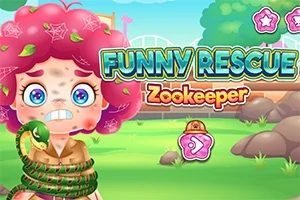 Postać z różowymi włosami i przerażoną miną, owinięta węża, na tle zielonego parku z drzewami i skałami, z kolorowym napisem Funny Rescue Zookeeper