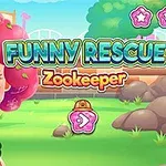 Postać z różowymi włosami i przerażoną miną, owinięta węża, na tle zielonego parku z drzewami i skałami, z kolorowym napisem Funny Rescue Zookeeper