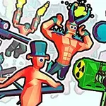 Kolorowa, komiksowa ilustracja armii postaci w zabawnych strojach z bronią, włącznie z postacią z muszką i melonikiem oraz postacią z rogami i bronią laserową