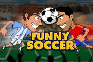 Dwóch animowanych piłkarzy zderzających się głowami z piłką na tle boiska, z dużym napisem FUNNY SOCCER poniżej