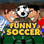 Dwóch animowanych piłkarzy zderzających się głowami z piłką na tle boiska, z dużym napisem FUNNY SOCCER poniżej