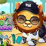 Lew w okularach i czapce z napisem, otoczony kolorowym tekstem i narzędziami w tle zoo