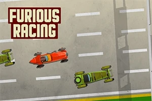 Dwa zielone i jeden czerwony bolid wyścigowy na torze, z napisem Furious Racing w lewym górnym rogu