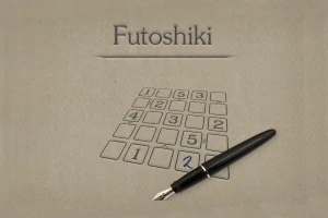 Kratka z cyframi i piórem na tle z napisem Futoshiki
