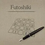 Kratka z cyframi i piórem na tle z napisem Futoshiki