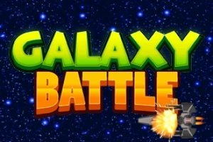 Kolorowy napis Galaxy Battle na tle gwiaździstego nieba z eksplozją w prawym dolnym rogu