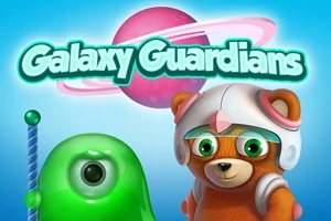Zielona galaretowata postać z jednym okiem obok misia w hełmie astronauty na tle planety z pierścieniem i napisem Galaxy Guardians