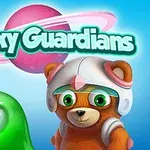 Zielona galaretowata postać z jednym okiem obok misia w hełmie astronauty na tle planety z pierścieniem i napisem Galaxy Guardians