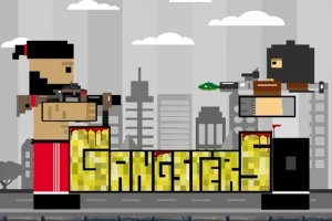 Dwóch pikselowych wojowników z bronią w ręku stoi naprzeciw siebie na tle miasta, nad słowem Gangsters