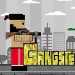 Dwóch pikselowych wojowników z bronią w ręku stoi naprzeciw siebie na tle miasta, nad słowem Gangsters
