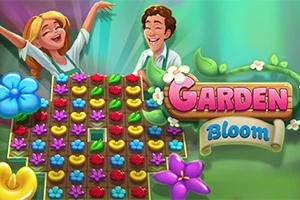 Para uśmiechniętych postaci w otoczeniu kolorowych kwiatów na planszy puzzli z napisem Garden Bloom