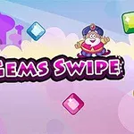 Kolorowe klejnoty unoszą się wokół postaci w turbanie na latającym dywanie, na tle fioletowego napisu Gems Swipe oraz różowego krajobrazu z pałacem