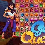 Kobieta i mężczyzna w strojach wschodnich stoją przed planszą z kolorowymi dzbanami i symbolami z napisem Genie Quest