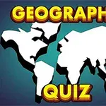 Napis GEOGRAPHY QUIZ z wyraźnym konturem na tle stylizowanej mapy świata
