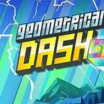 Kolorowy sześcian z tęczowym wzorem przelatujący przez górski krajobraz z błyskawicami i napisami GEOMETRICAL DASH