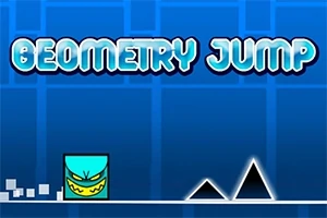 Niebieskie tło z białym napisem Geometry Jump, niebieskim kwadratem z twarzą oraz czarnymi trójkątami na białej linii