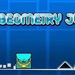 Niebieskie tło z białym napisem Geometry Jump, niebieskim kwadratem z twarzą oraz czarnymi trójkątami na białej linii