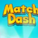 Napis Match Dash w żółto-pomarańczowym kolorze na niebieskim tle z efektem promieni świetlnych