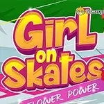 Dziewczynka w kasku na rolkach z kwiatami, kolorowy napis Girl on Skates: Flower Power