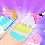 Manicure z kolorowymi paznokciami: jeden z wzorem królika, drugi z diamentami, a trzeci ozdobiony tęczą, na fioletowym tle
