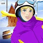 Animowana postać w purpurowej kurtce i goglach na śnieżnym tle z drewnianym domkiem i choinkami