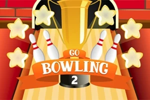 Złoty puchar otoczony kręglami i gwiazdami z napisem Go Bowling 2