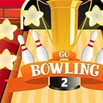 Złoty puchar otoczony kręglami i gwiazdami z napisem Go Bowling 2
