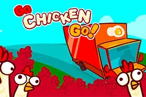 Kreskówkowy obrazek przedstawia kilka kurczaków na drodze przed nadjeżdżającym czerwonym ciężarówką na tle błękitnego nieba z chmurami i napisem Go Chicken Go!