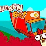 Kreskówkowy obrazek przedstawia kilka kurczaków na drodze przed nadjeżdżającym czerwonym ciężarówką na tle błękitnego nieba z chmurami i napisem Go Chicken Go!