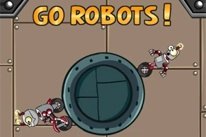 Dwa roboty z czerwonymi i srebrnymi elementami poruszają się na wysokim kole, z napisem GO ROBOTS!