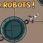 Dwa roboty z czerwonymi i srebrnymi elementami poruszają się na wysokim kole, z napisem GO ROBOTS!
