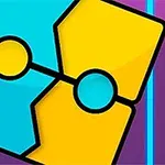 Dwa kolorowe puzzle, niebieski i żółty, połączone w jedną całość na fioletowym tle z pionowymi liniami